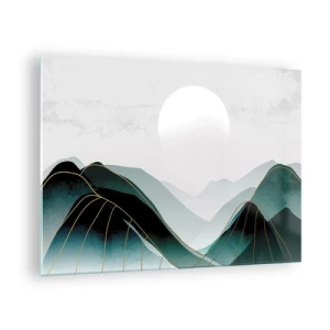 Impression sur verre - Image sur verre - Paysage de montagne avec un soleil blanc et des lignes dorées - 70x50cm - En pleine majesté - Décoration murale moderne pour le salon et la chambre ARTTOR