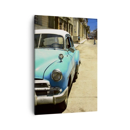 Impression sur toile - Image sur toile - Une voiture classique bleue dans la rue par une journée ensoleillée - 50x70cm - Et vive Cuba ! - Décoration murale moderne pour le salon et la chambre ARTTOR