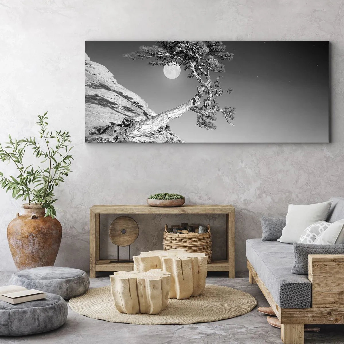 Impression sur toile - Image sur toile - Arbre noir et blanc sur une falaise avec la lune en arrière-plan - 160x50cm - Un combattant vainqueur - Décoration murale moderne pour le salon et la chambre ARTTOR