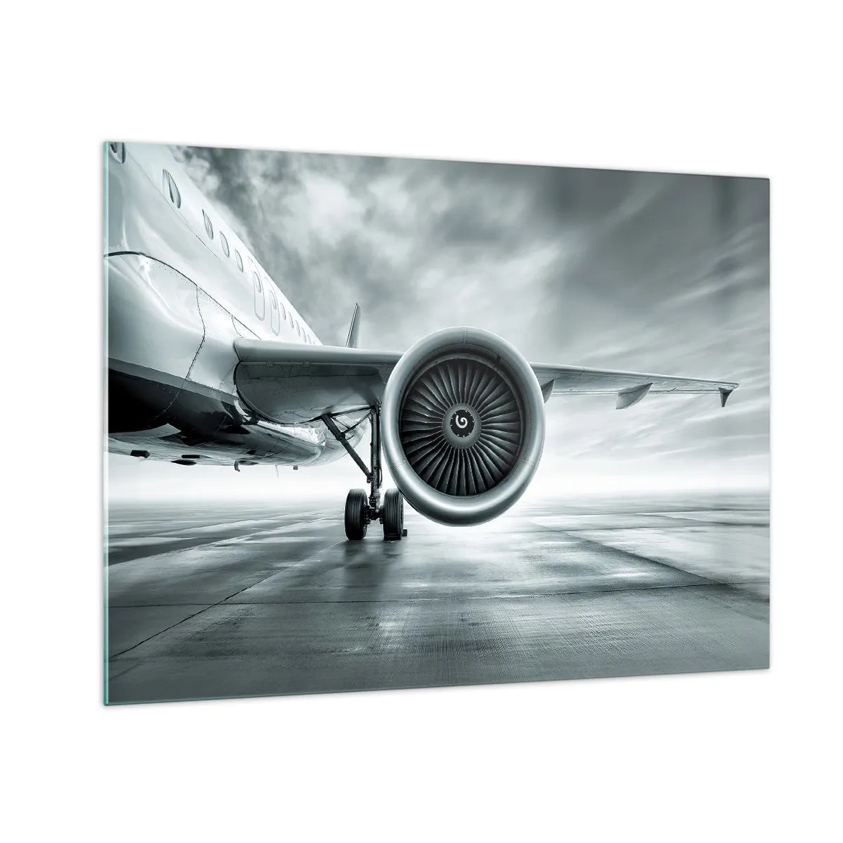 Impression sur verre - Image sur verre - La turbine d'un avion de ligne sur la piste à l'aube - 70x50cm - Sent la force! - Décoration murale moderne pour le salon et la chambre ARTTOR