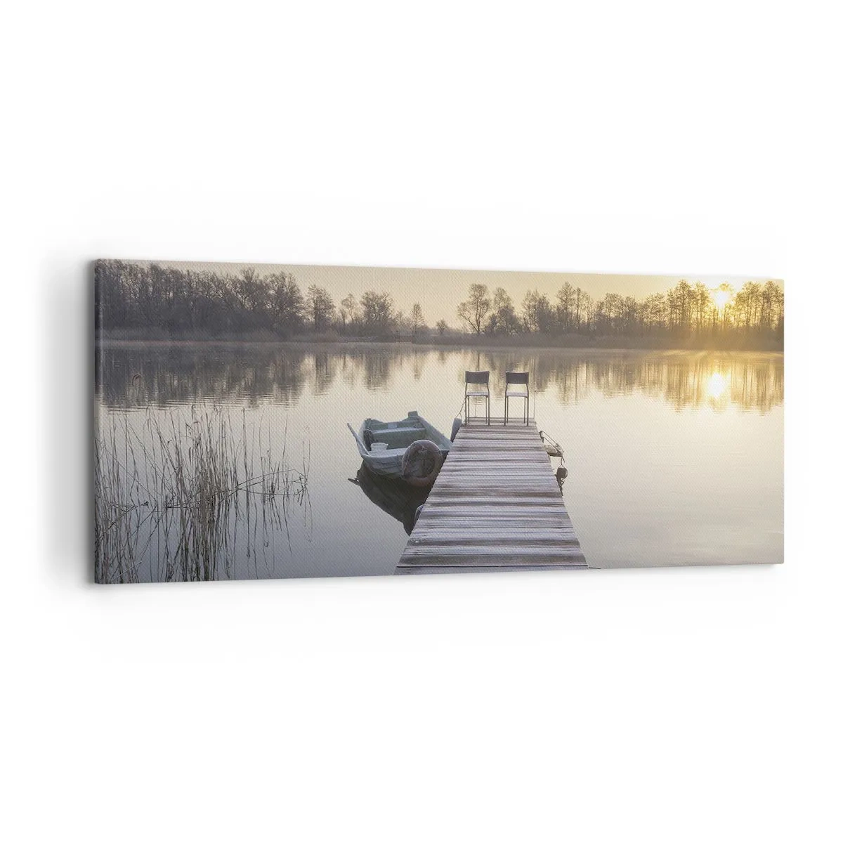 Impression sur toile - Image sur toile - Une jetée au bord du lac le matin avec un bateau et des chaises - 120x50cm - Je reviendrai - Décoration murale moderne pour le salon et la chambre ARTTOR