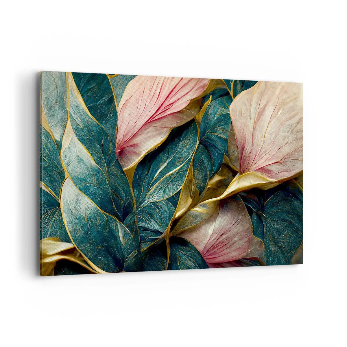 Impression sur toile - Image sur toile - Feuilles élégantes en vert, or et rose - 120x80cm - Élégance et style naturels - Décoration murale moderne pour le salon et la chambre ARTTOR