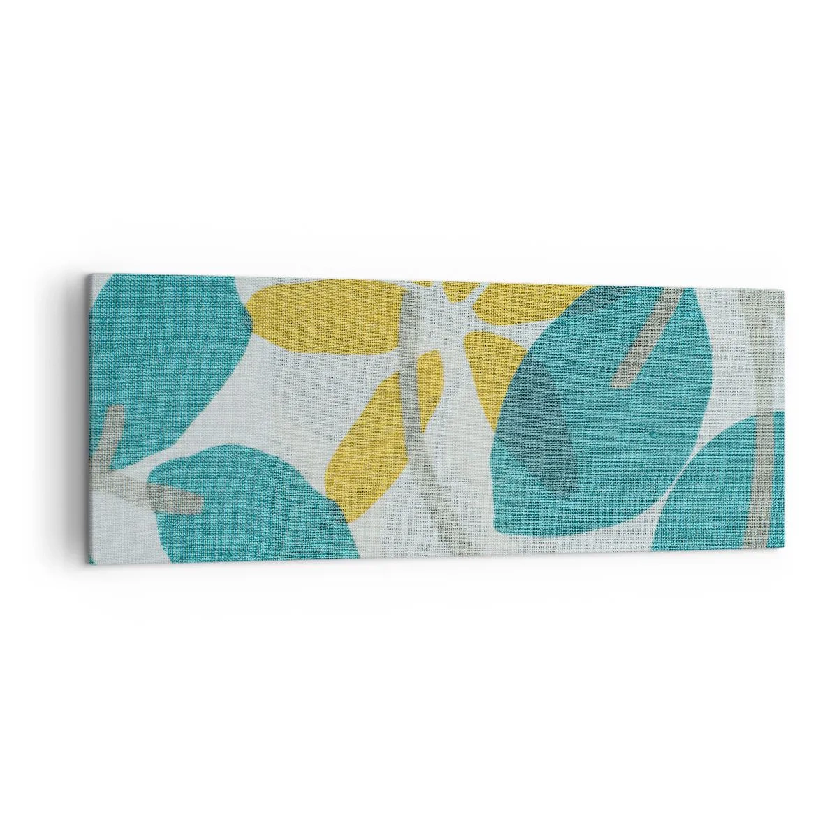Impression sur toile - Image sur toile - Feuilles aux tons turquoise et jaune sur fond clair - 140x50cm - Wśród lazurowych liści - Décoration murale moderne pour le salon et la chambre ARTTOR