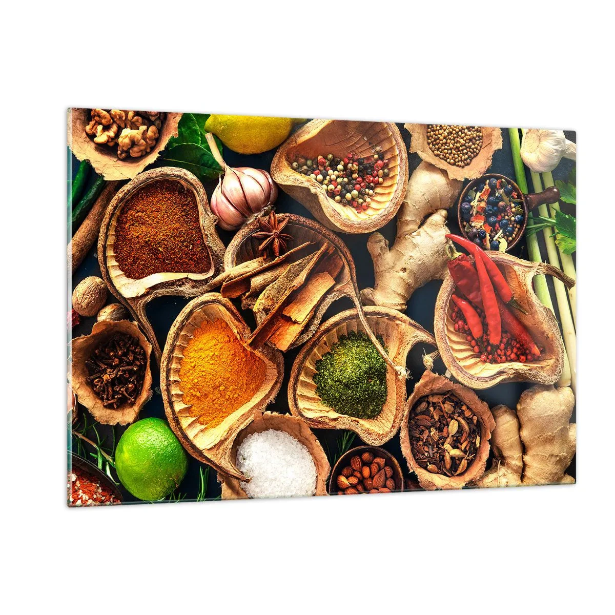 Impression sur verre - Image sur verre - Épices colorées dans des contenants naturels avec additifs - 120x80cm - Prends ce que tu veux - Décoration murale moderne pour le salon et la chambre ARTTOR