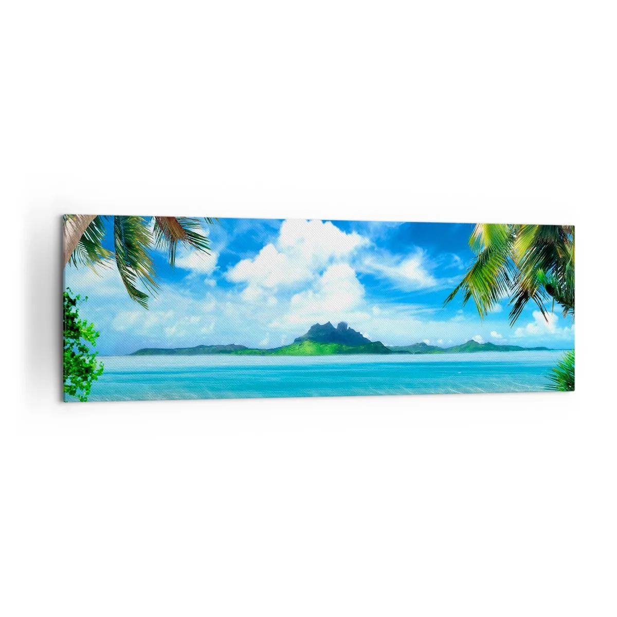 Impression sur toile - Image sur toile - Plage tropicale avec palmiers et vue sur l'île - 160x50cm - L'azur des tropiques - Décoration murale moderne pour le salon et la chambre ARTTOR