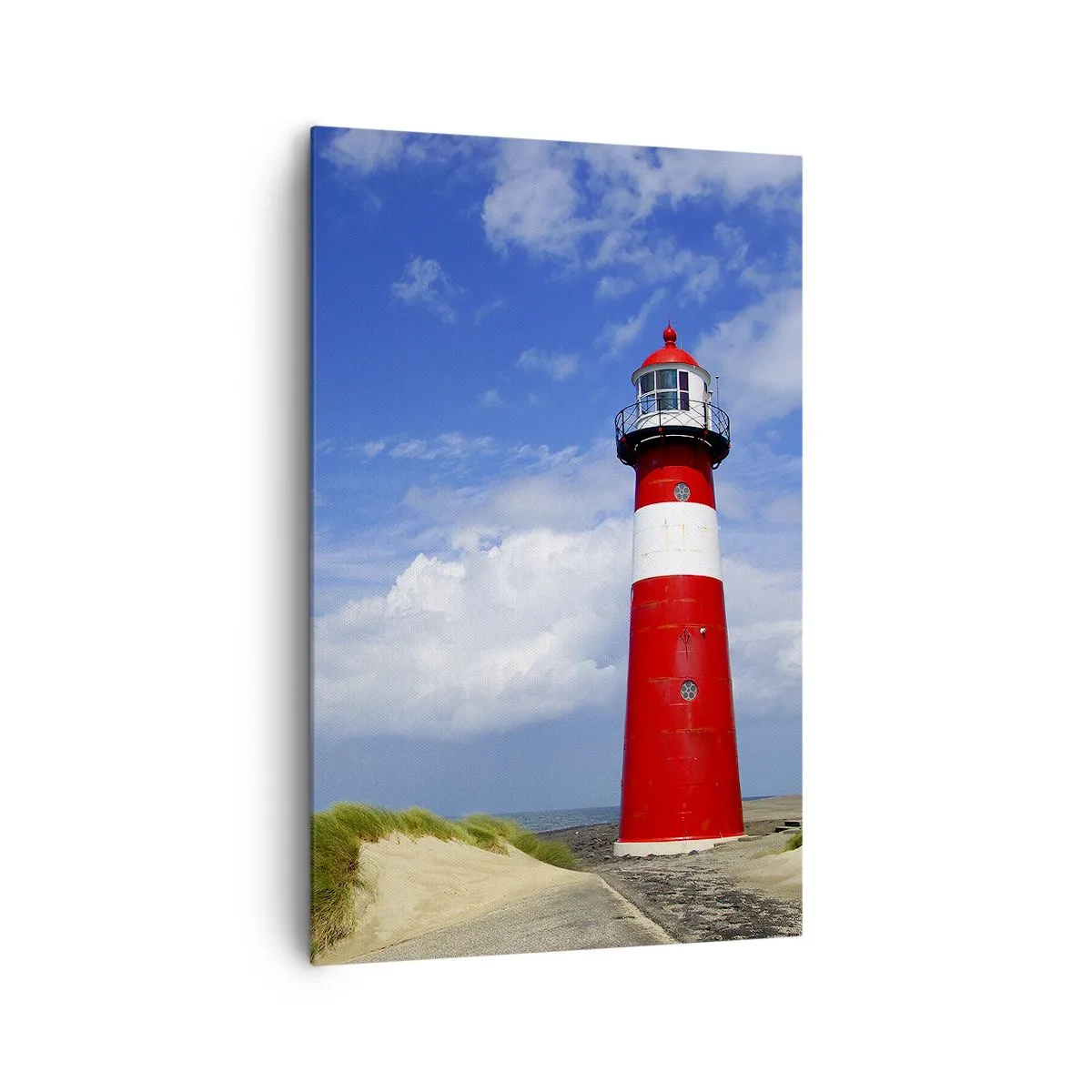 Impression sur toile - Image sur toile - Phare rouge sur la plage sous un ciel bleu - 80x120cm - Rêve de solitude - Décoration murale moderne pour le salon et la chambre ARTTOR