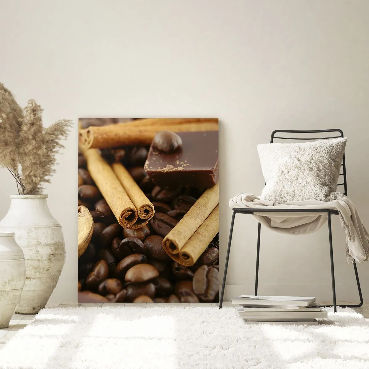 Impression sur verre - Image sur verre - Gros plan sur le café, la cannelle, le chocolat et les noix - 50x70cm - Concert d'aromates - Décoration murale moderne pour le salon et la chambre ARTTOR