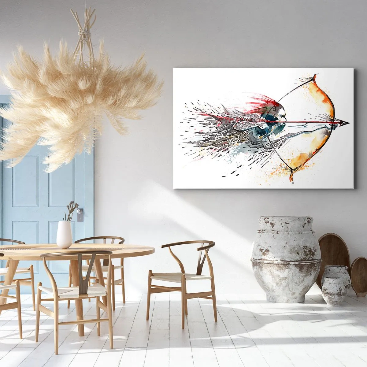 Impression sur toile - Image sur toile - Aquarelle dynamique d'un guerrier avec un arc et des flèches - 70x50cm - Guerrier mythique avec un arc de feu - Décoration murale moderne pour le salon et la chambre ARTTOR