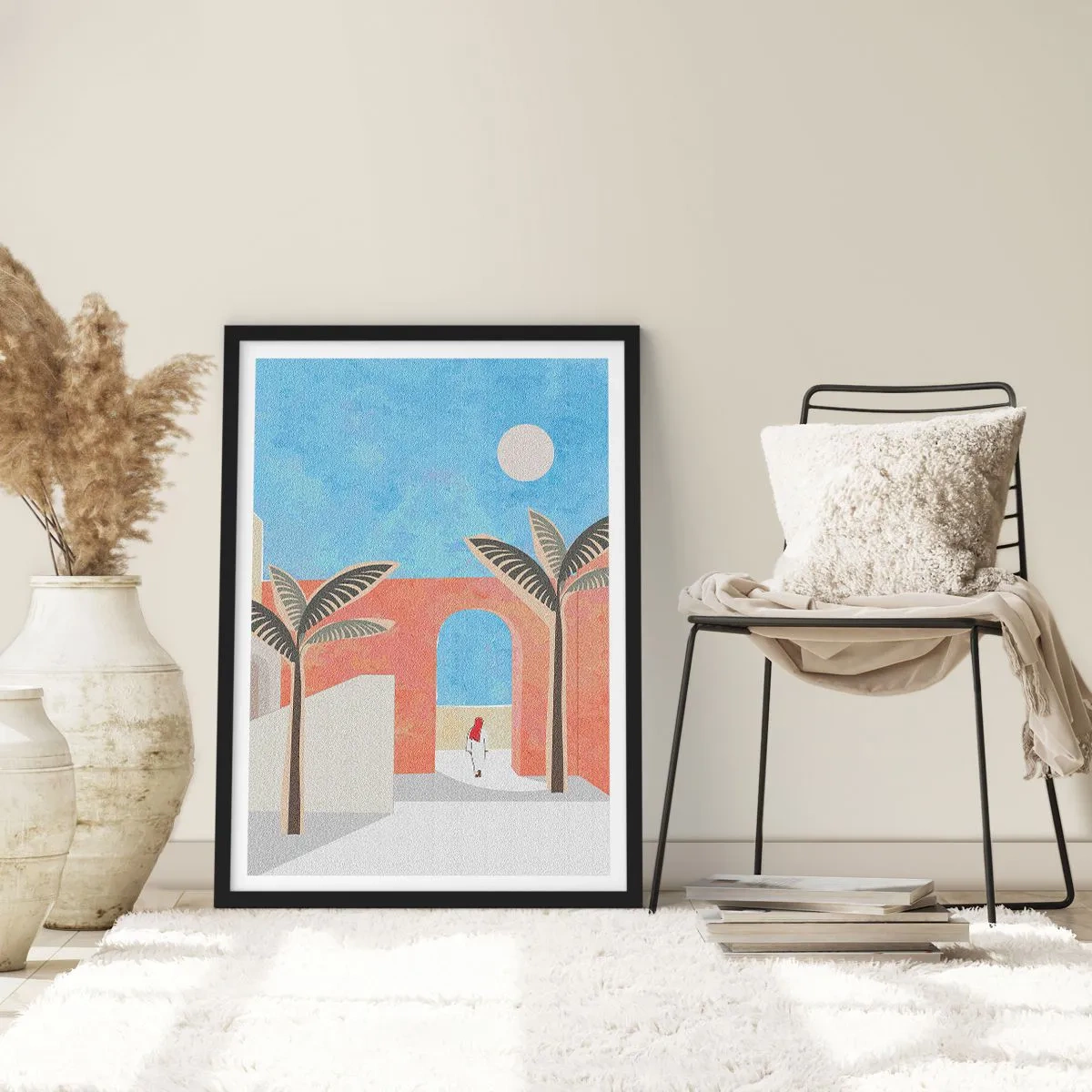 Affiche dans un cadre noir - Poster - Paysage minimaliste avec des palmiers et une arche - 50x70cm - Journée arabe - Décoration murale moderne pour le salon et la chambre ARTTOR