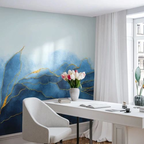 Papier Peint Photo Premium Sand - Bleu doré - Luxe, Charme, Abstraction - 200x140 cm