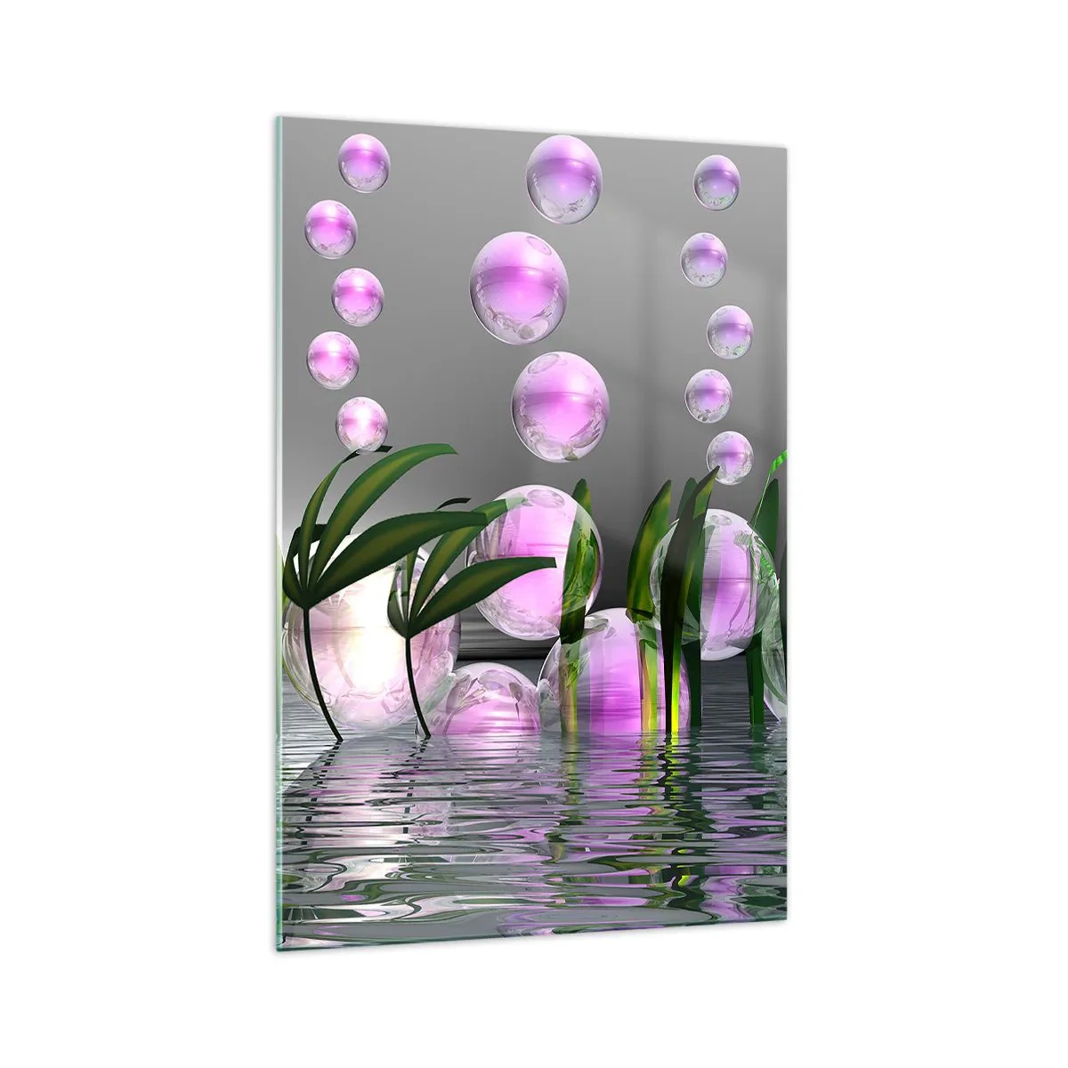 Impression sur verre - Image sur verre - Feuilles vertes et bulles roses au-dessus de l'eau sur fond gris - 70x100cm - Une composition réfléchissante de légèreté et de vie - Décoration murale moderne pour le salon et la chambre ARTTOR