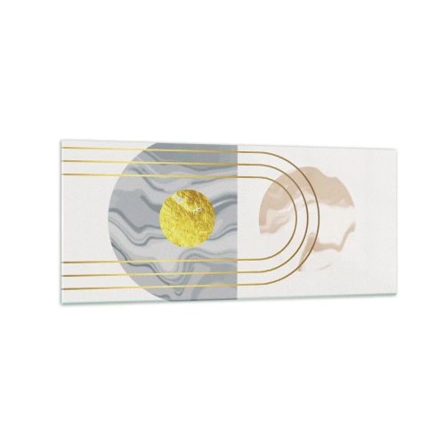 Impression sur verre - Image sur verre - Composition abstraite avec des cercles et des lignes dorées sur fond clair. - 120x50cm - Clareté et brillance - Décoration murale moderne pour le salon et la chambre ARTTOR