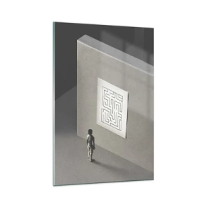 Impression sur verre - Image sur verre - Une figure dans un labyrinthe regardant une carte suspendue - 80x120cm - Mais où suis-je? - Décoration murale moderne pour le salon et la chambre ARTTOR