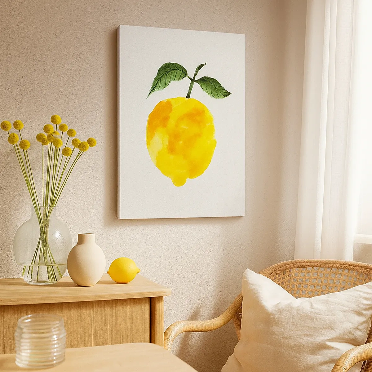Impression sur toile - Image sur toile - Citron aquarelle avec des feuilles vertes sur fond clair - 50x70cm - Comment reconnaitre le goût du soleil - Décoration murale moderne pour le salon et la chambre ARTTOR