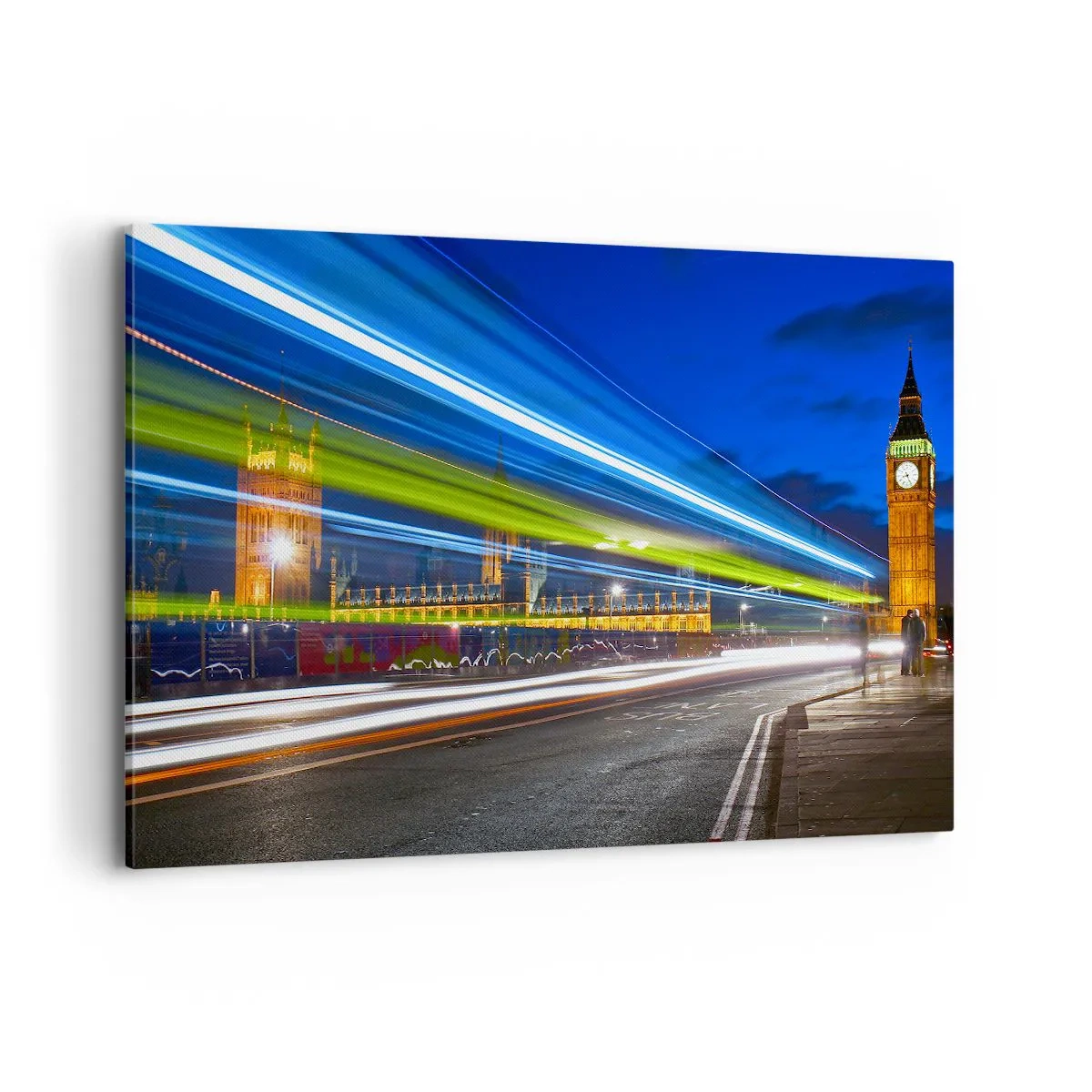 Impression sur toile - Image sur toile - Big Ben la nuit avec l'effet des lumières dans la circulation routière - 100x70cm - Sous l'œil de Big Ben - Décoration murale moderne pour le salon et la chambre ARTTOR