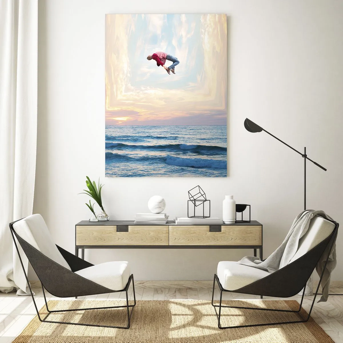 Impression sur verre - Image sur verre - Saut surréaliste au-dessus de la mer dans le cadre - 70x100cm - Vers une autre dimension - Décoration murale moderne pour le salon et la chambre ARTTOR