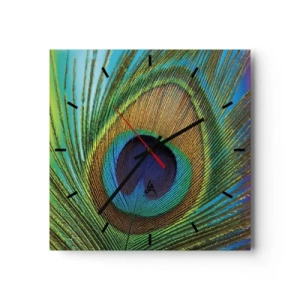 Horloge murale - Pendule murale - Gros plan d'une plume de paon aux couleurs vives - 30x30cm - Les yeux dans les yeux - Décoration murale moderne pour le salon et la chambre ARTTOR