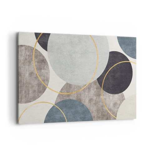 Impression sur toile - Image sur toile - Cercles géométriques dans les tons de gris, bleu et or - 120x80cm - Cercles sur cercles - Décoration murale moderne pour le salon et la chambre ARTTOR