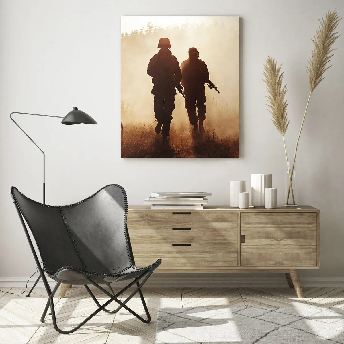 Impression sur verre - Image sur verre - Des soldats marchant dans le brouillard matinal sur fond de nature - 80x120cm - Call of Duty - Décoration murale moderne pour le salon et la chambre ARTTOR