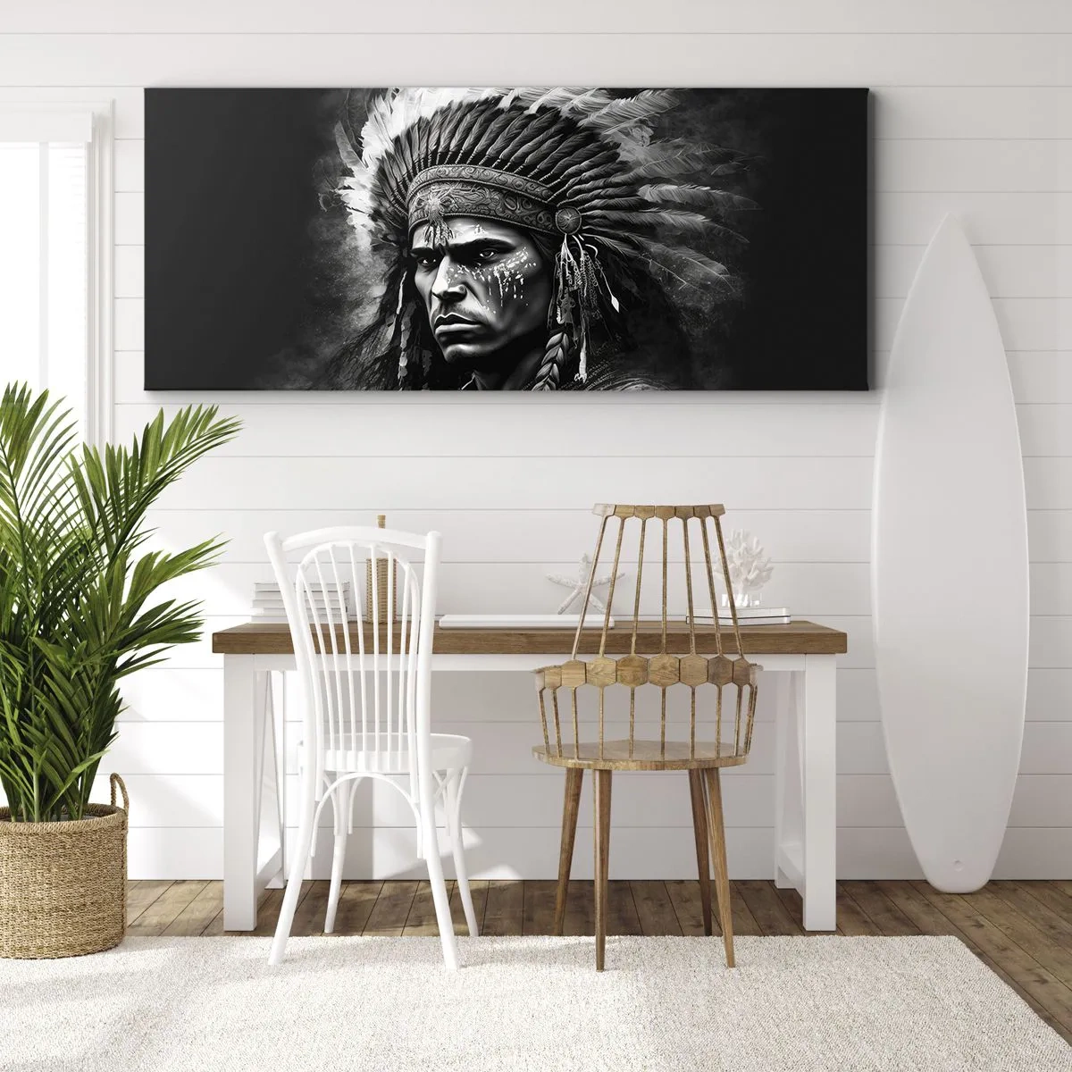 Impression sur toile - Image sur toile - Portrait d'un chef portant une coiffe à plumes sur fond noir - 120x50cm - Un leader et un guerrier - Décoration murale moderne pour le salon et la chambre ARTTOR