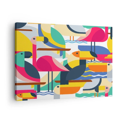 Impression sur toile - Image sur toile - Oiseaux colorés dans une composition abstraite et géométrique - 70x50cm - Fête des oiseaux - Décoration murale moderne pour le salon et la chambre ARTTOR