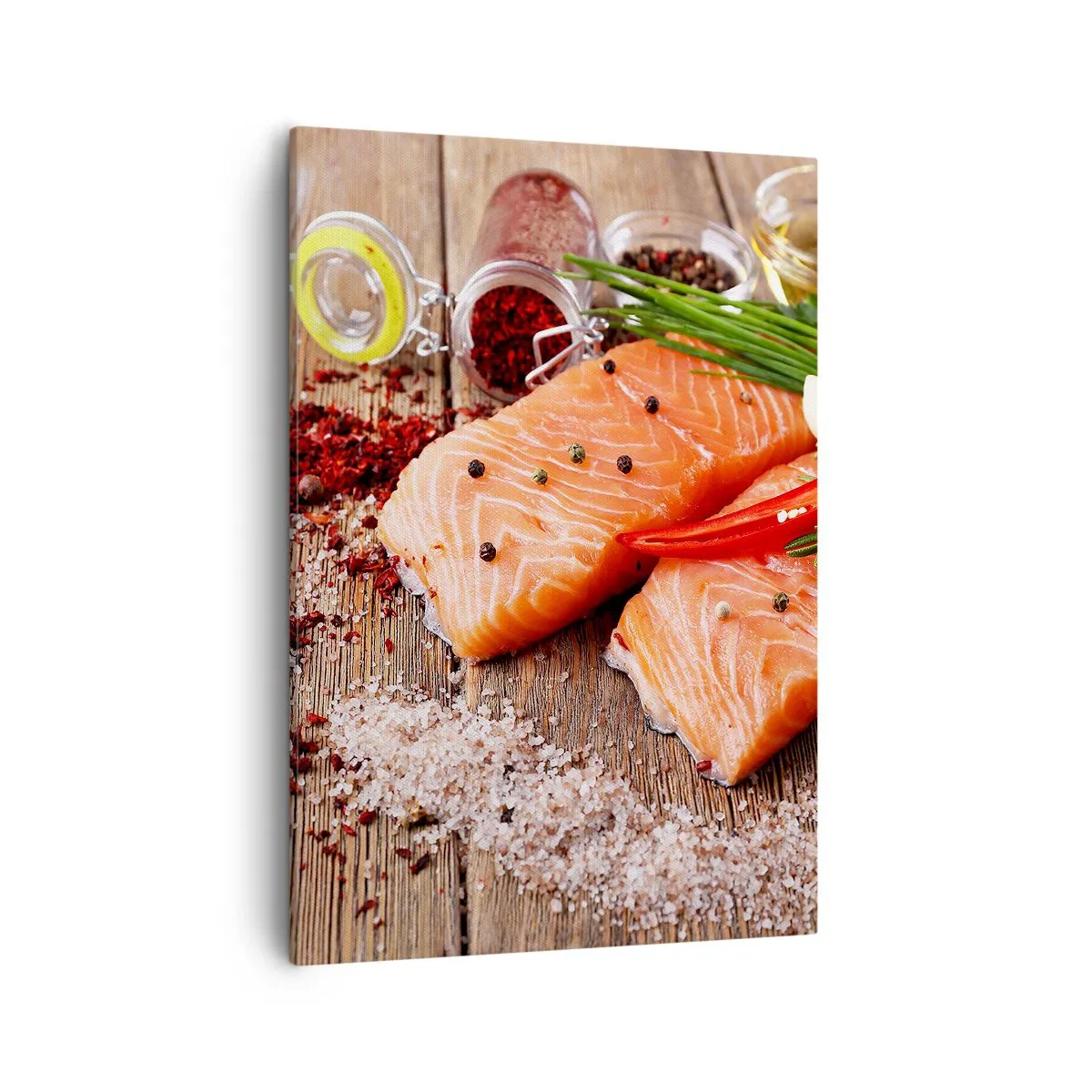 Impression sur toile - Image sur toile - Filets de saumon aux épices sur fond de bois - 50x70cm - Aventure norvégienne dans la cuisine - Décoration murale moderne pour le salon et la chambre ARTTOR