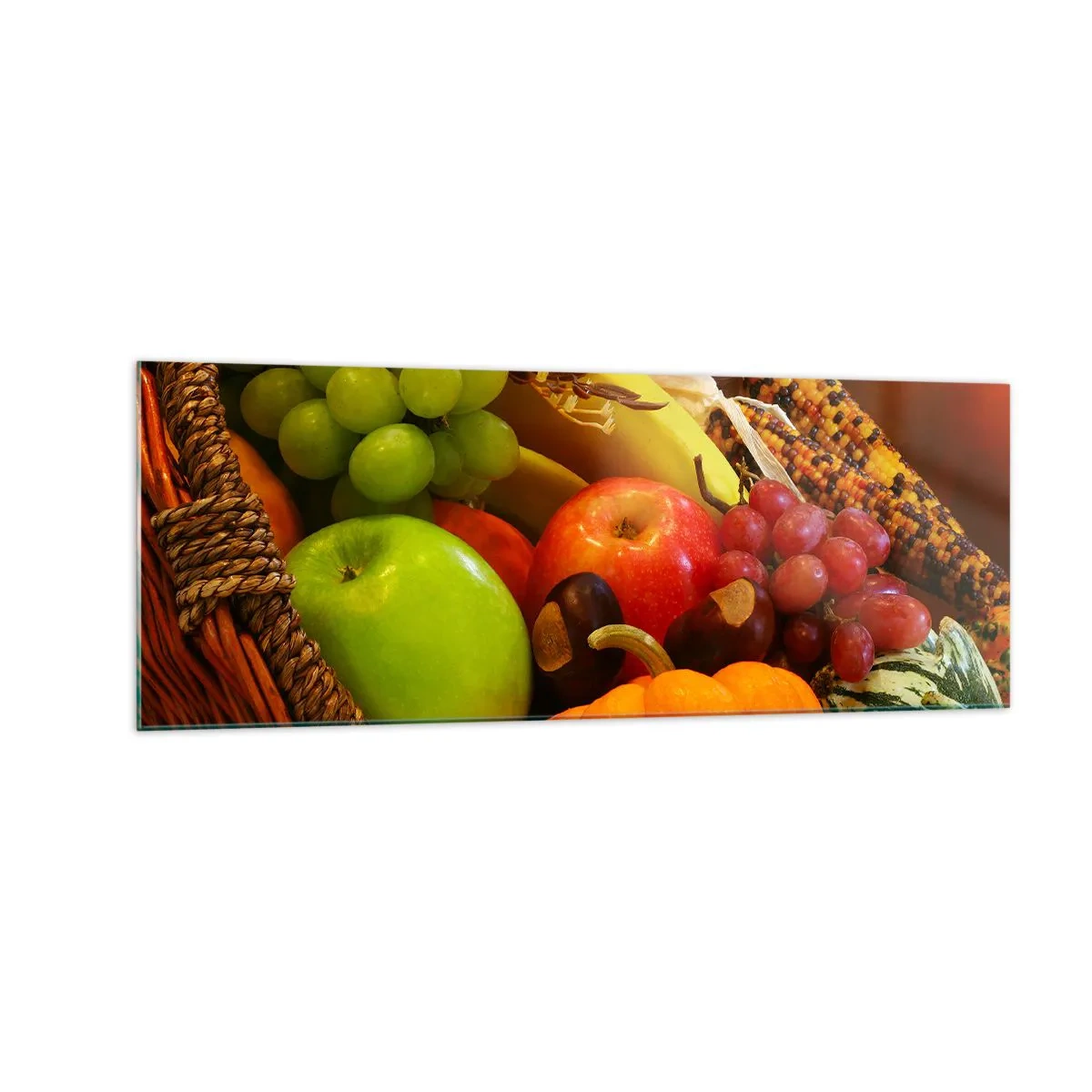 Impression sur verre - Image sur verre - Un panier de fruits, de citrouilles et de maïs sur fond de couleurs d'automne. - 140x50cm - Panier de récolte - Décoration murale moderne pour le salon et la chambre ARTTOR