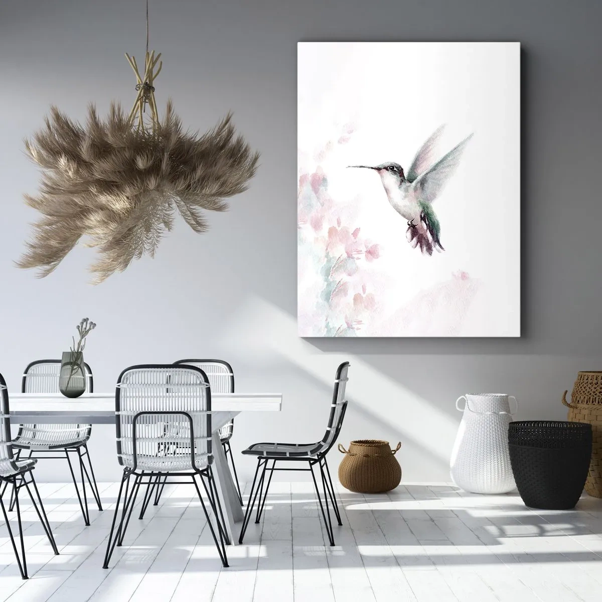 Impression sur toile - Image sur toile - Un colibri aux couleurs pastel délicates sur un fond de fleurs - 80x120cm - Immortalisé dans un battement - Décoration murale moderne pour le salon et la chambre ARTTOR