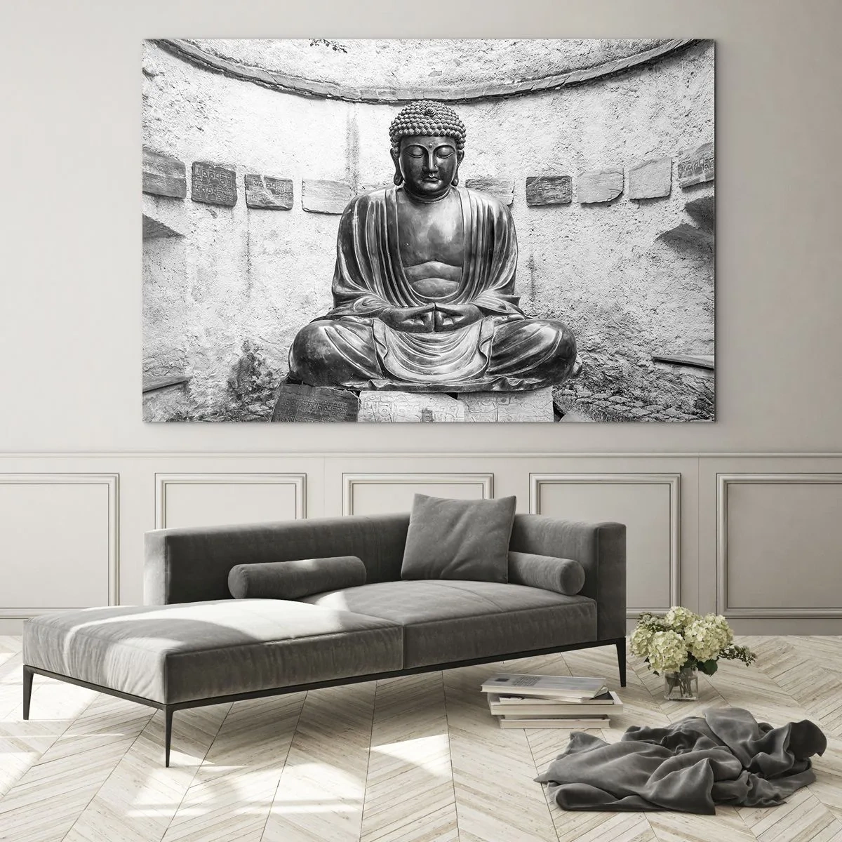 Impression sur verre - Image sur verre - Statue de Bouddha en noir et blanc dans une pose méditative - 120x80cm - A la source de la paix - Décoration murale moderne pour le salon et la chambre ARTTOR