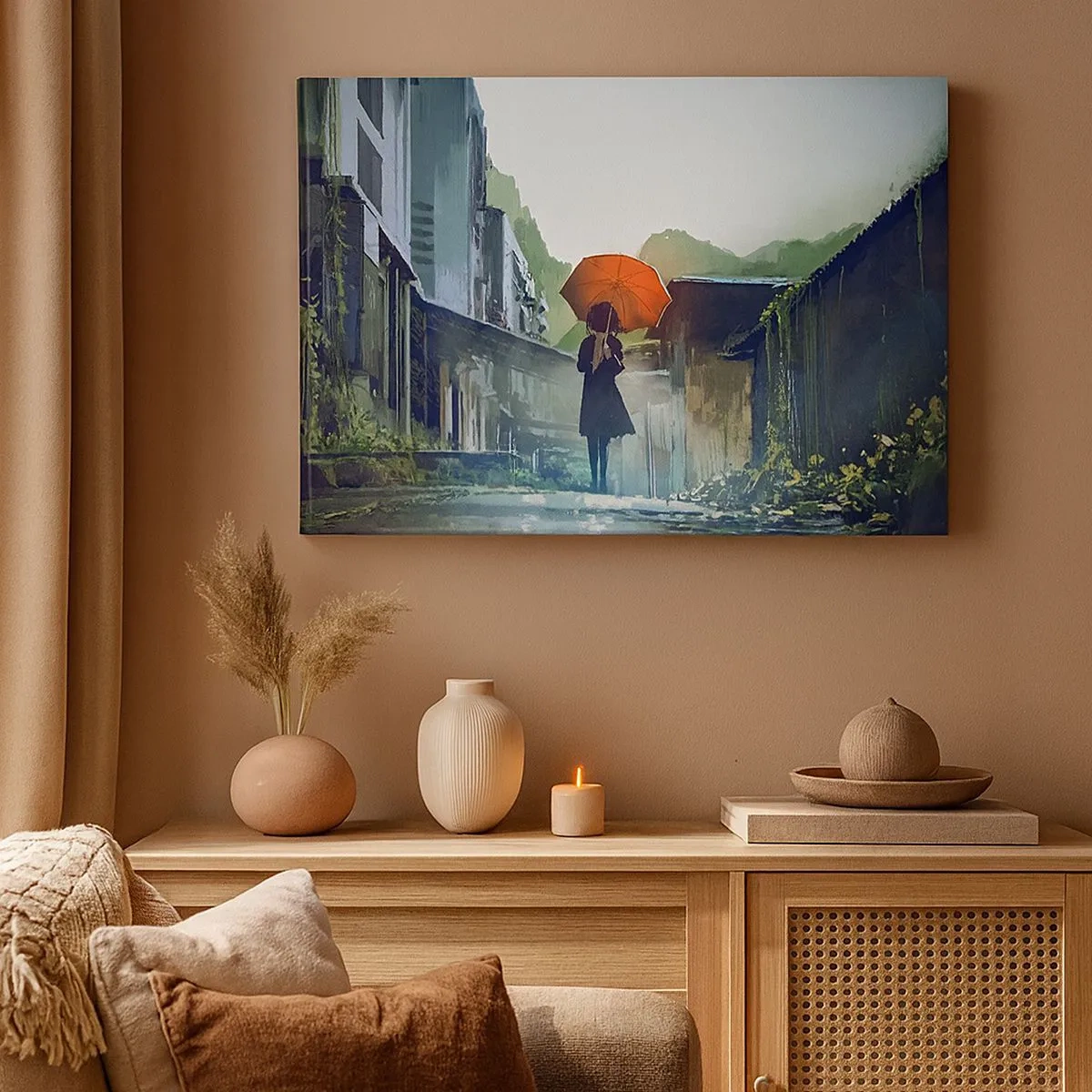 Impression sur toile - Image sur toile - Une silhouette avec un parapluie dans une ville pluvieuse - 70x50cm - Pluie vivifiante - Décoration murale moderne pour le salon et la chambre ARTTOR