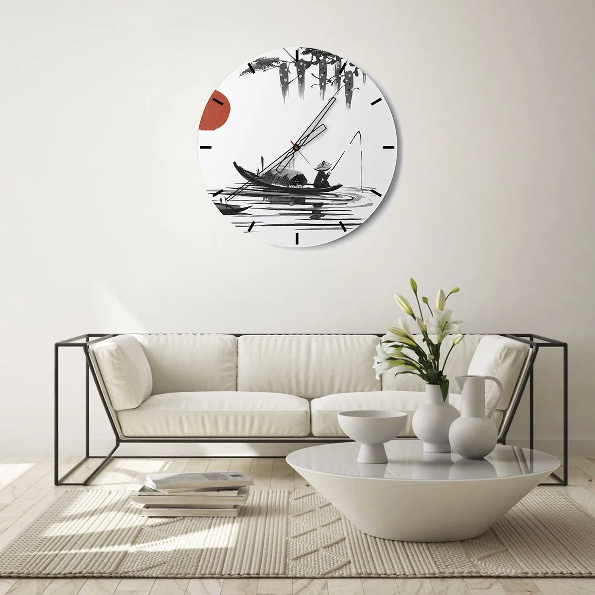 Horloge murale - Pendule murale - Illustration traditionnelle d'un pêcheur dans un bateau contre un soleil rouge - 30x30cm - Après-midi asiatique - Décoration murale moderne pour le salon, la cuisine et la chambre ARTTOR