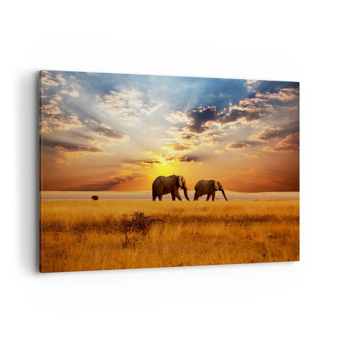 Impression sur toile - Image sur toile - Éléphants dans la savane au coucher du soleil - 120x80cm - Déambulation familliale - Décoration murale moderne pour le salon et la chambre ARTTOR