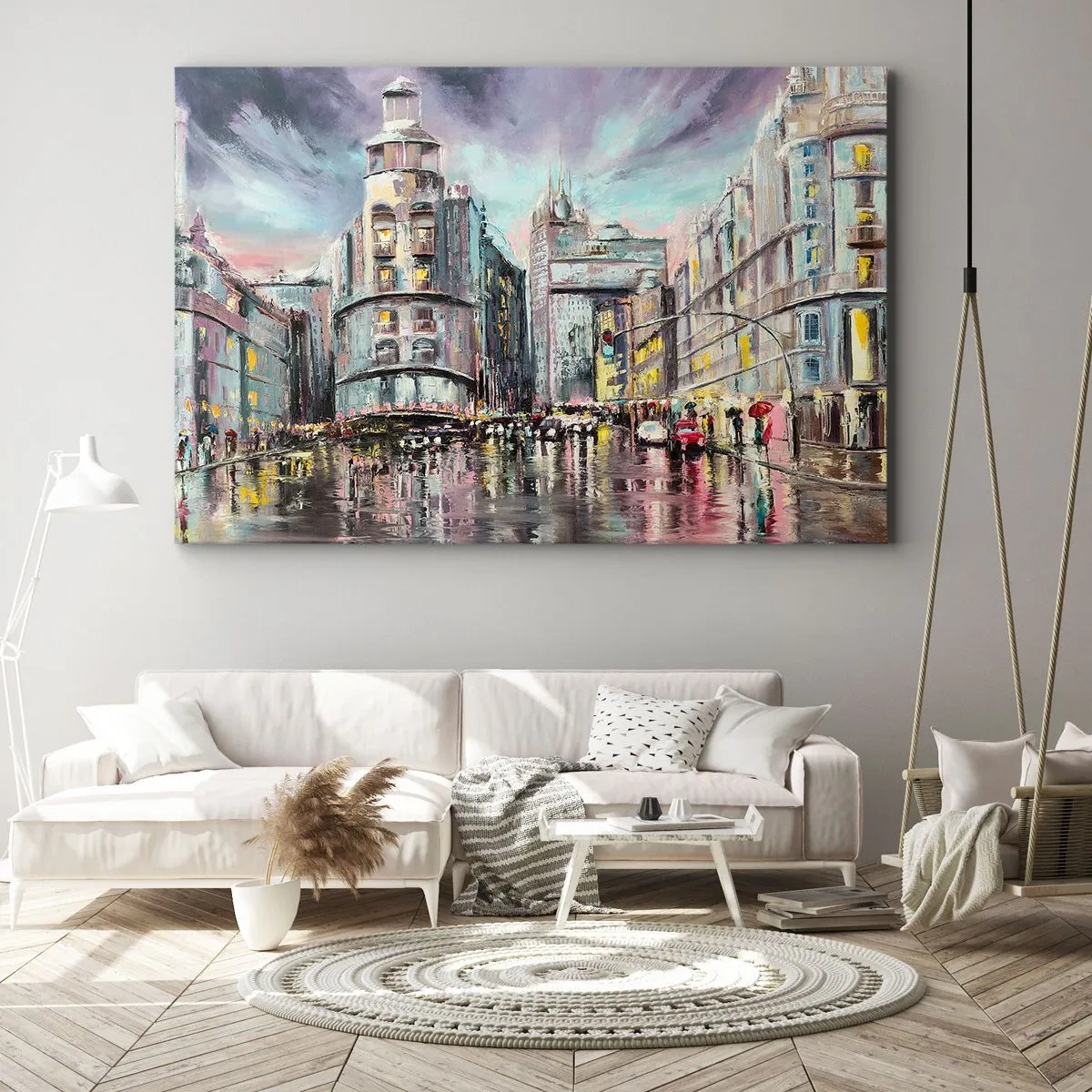 Impression sur toile - Image sur toile - Vue nocturne de la ville avec des reflets sur la rue mouillée - 70x50cm - Ce sera une soirée réussie - Décoration murale moderne pour le salon et la chambre ARTTOR
