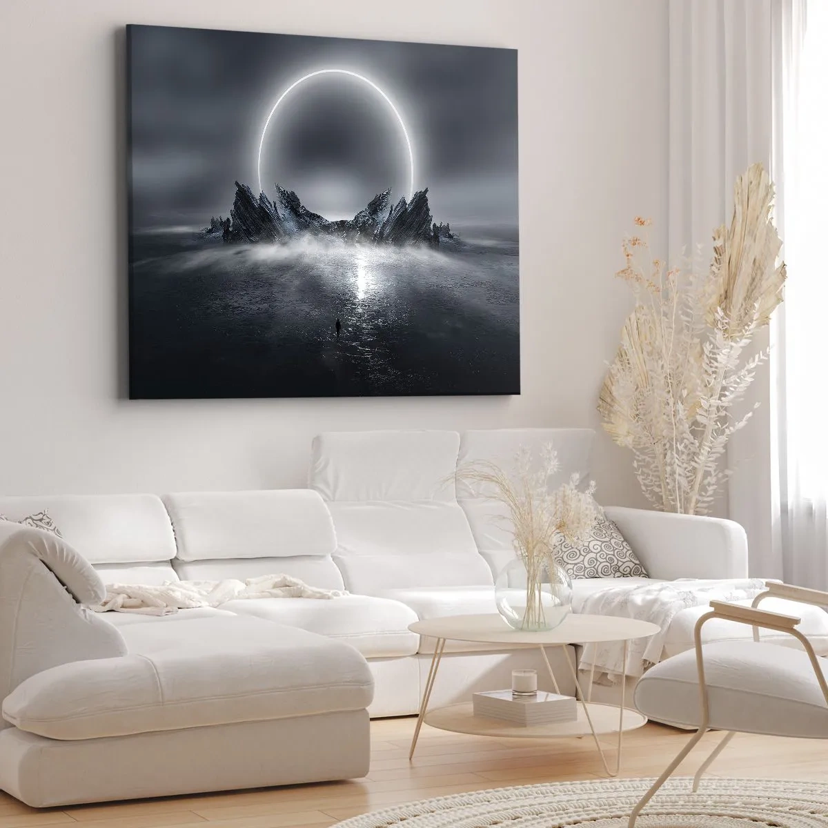 Impression sur toile - Image sur toile - Paysage mystérieux avec un anneau de lumière au-dessus des montagnes - 120x80cm - La fin de l'histoire - Décoration murale moderne pour le salon et la chambre ARTTOR