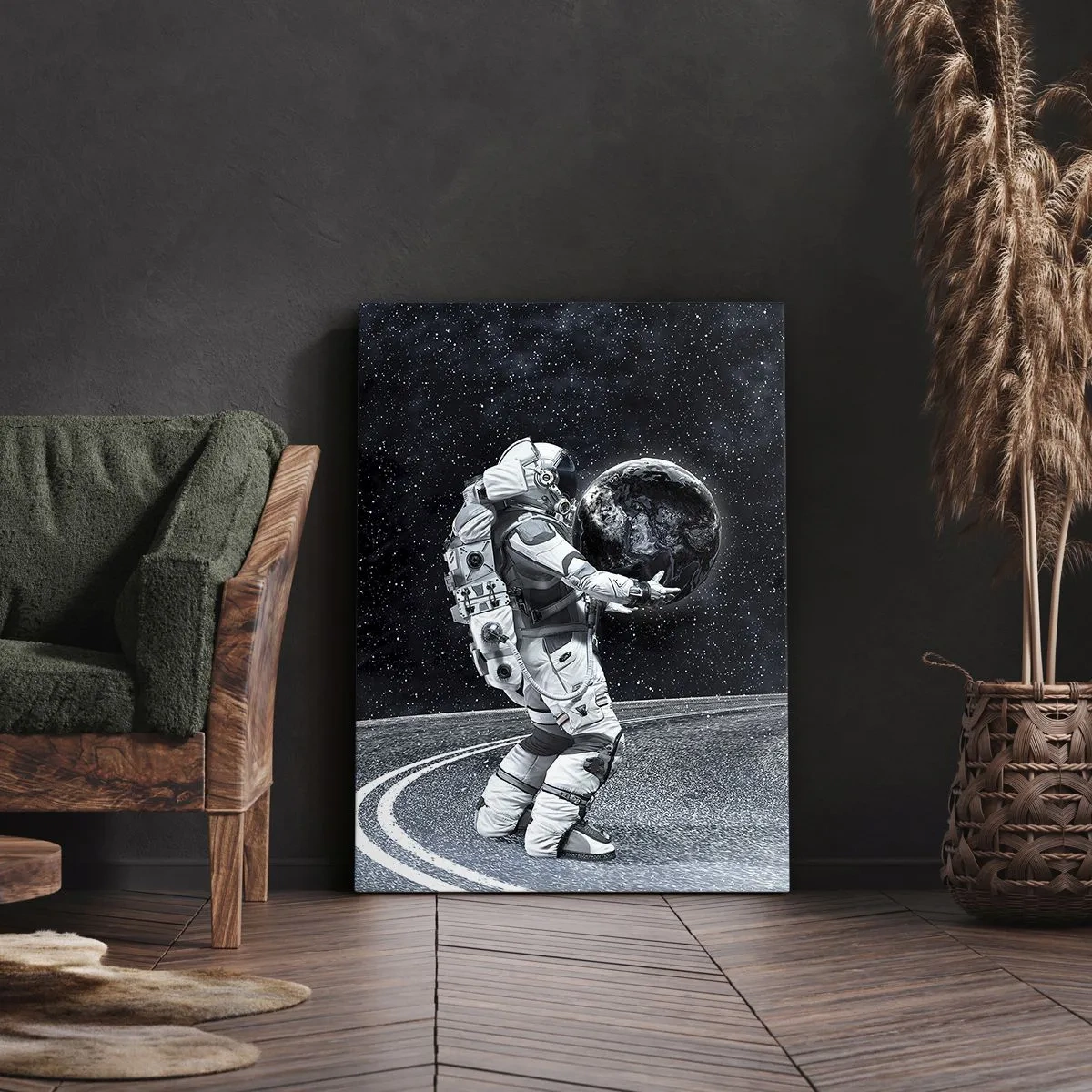 Impression sur toile - Image sur toile - Astronaute avec la Terre contre le ciel étoilé - 70x100cm - Sur la Voie Lactée - Décoration murale moderne pour le salon et la chambre ARTTOR