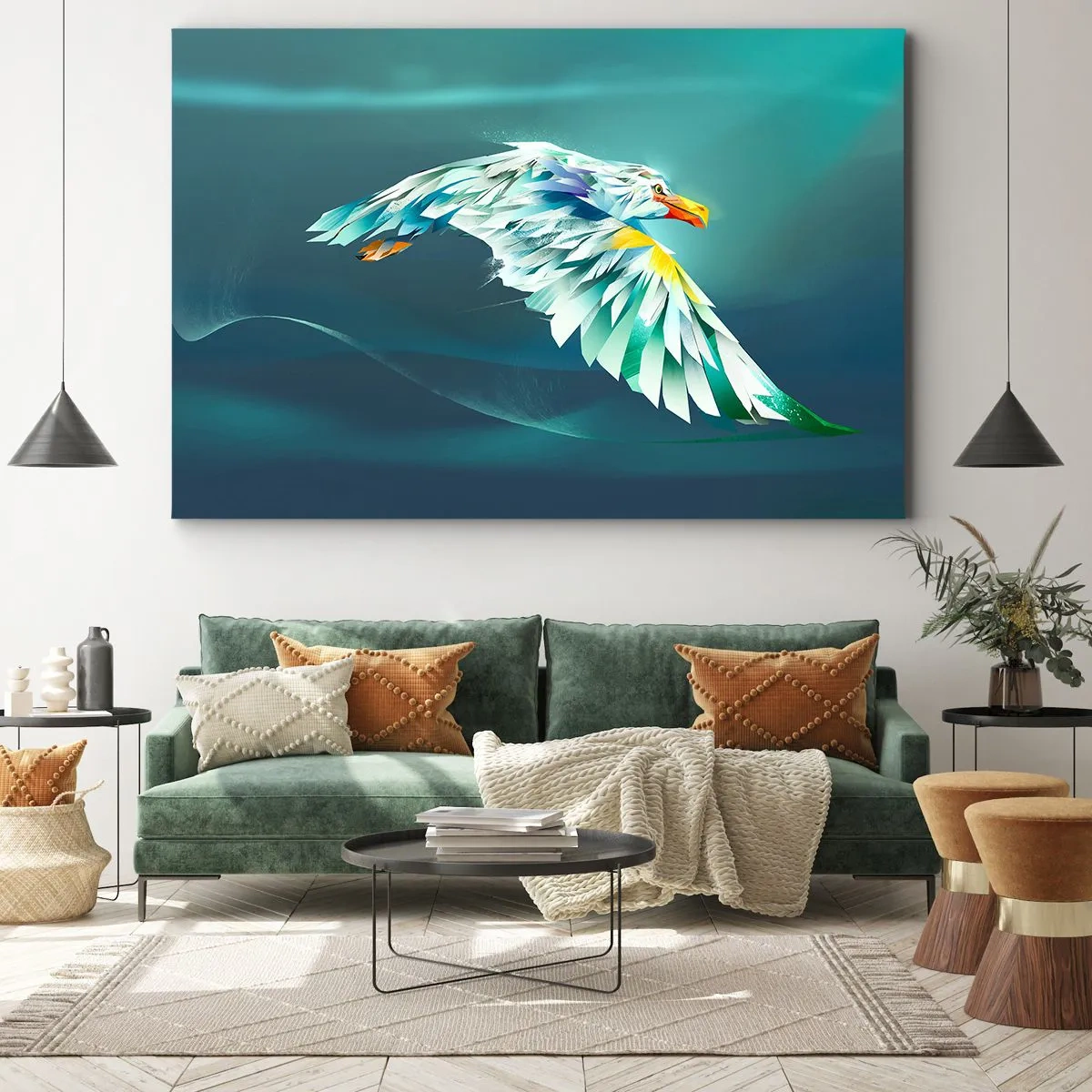 Impression sur toile - Image sur toile - Aigle abstrait en vol contre un ciel turquoise - 120x80cm - Aigle, puissance de tes vols - Décoration murale moderne pour le salon et la chambre ARTTOR