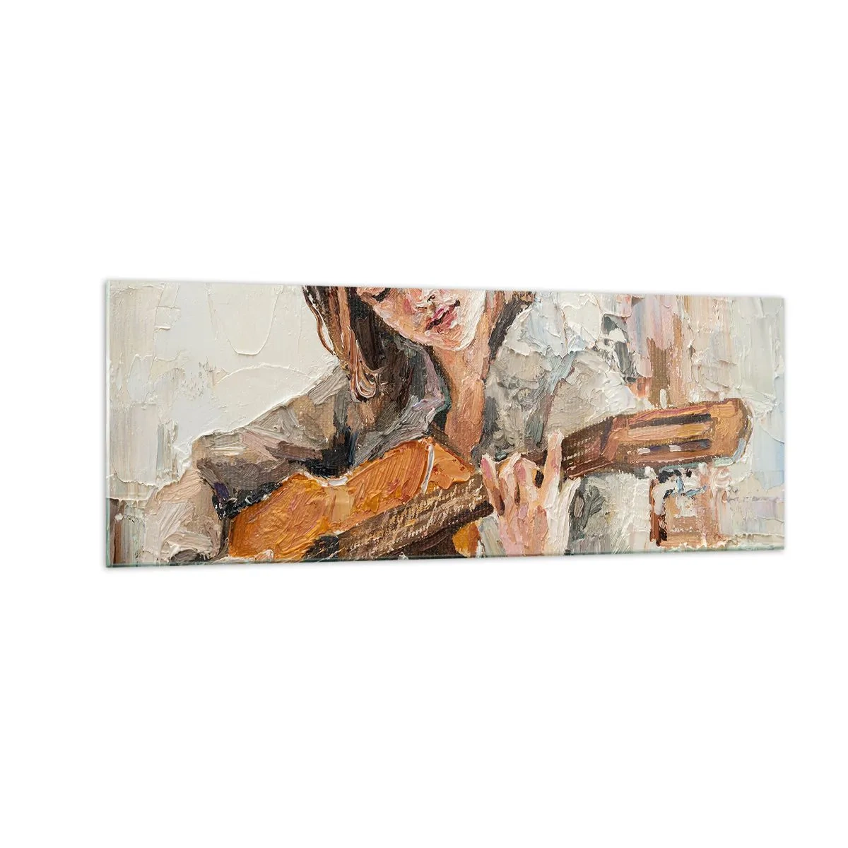 Impression sur verre - Image sur verre - Portrait d'une fille jouant de la guitare dans un style pictural aux couleurs chaudes. - 140x50cm - Concerto pour guitare et coeur de fille - Décoration murale moderne pour le salon et la chambre ARTTOR