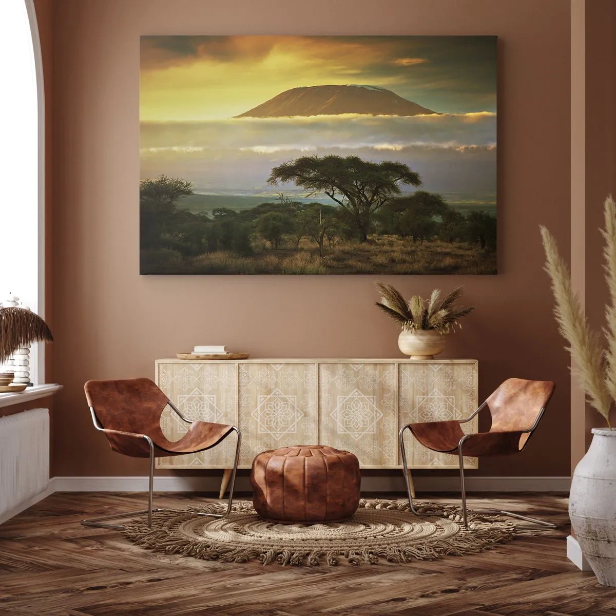 Impression sur toile - Image sur toile - Paysage africain avec le Kilimandjaro au lever du soleil - 70x50cm - Un rêve de voyageur - Décoration murale moderne pour le salon et la chambre ARTTOR