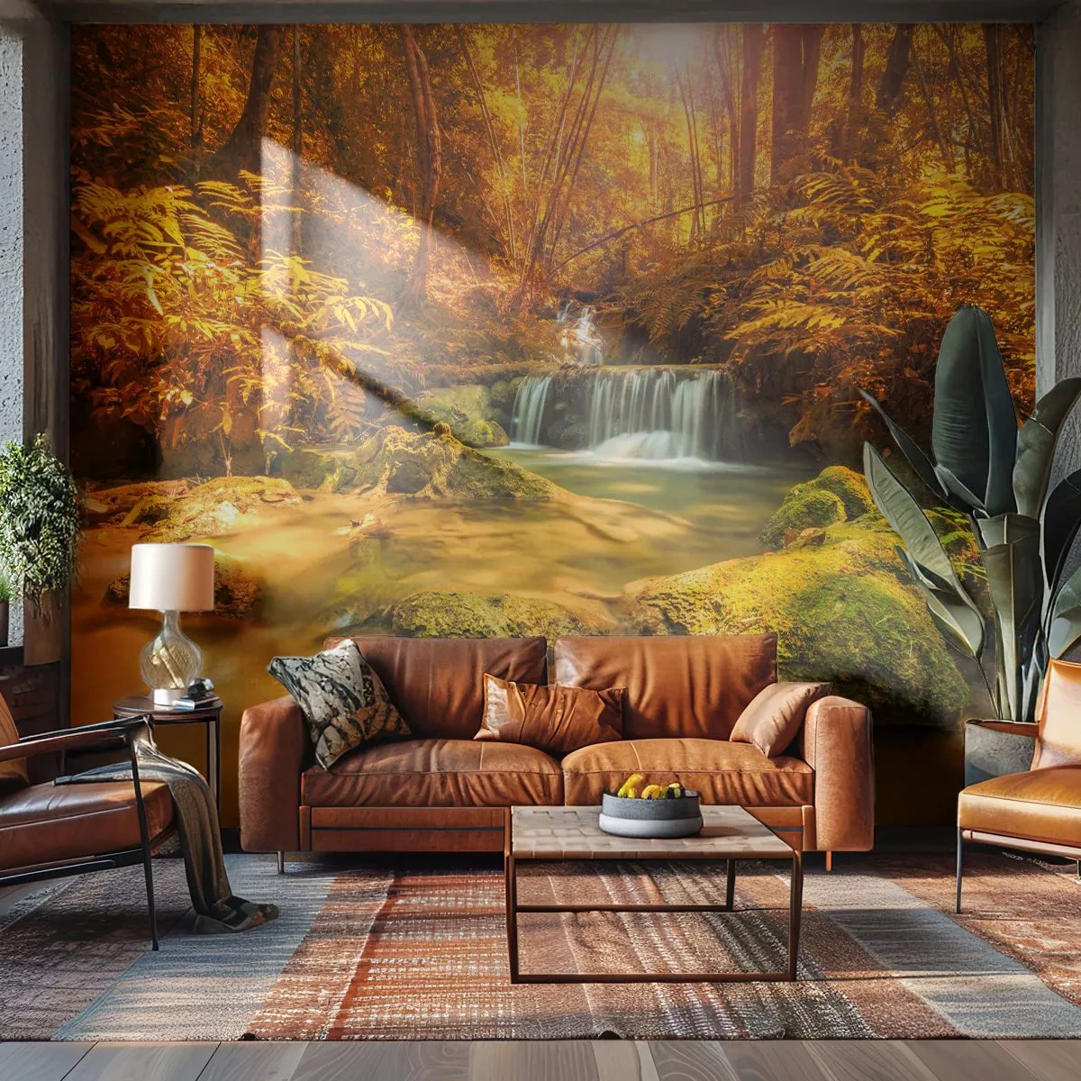 Papier Peint Photo Premium Sand - Une cascade dorée entourée d'une forêt d'automne sous les rayons du soleil - 100x70cm - Cascade de forêt en or - Décoration murale moderne pour le salon et la chambre ARTTOR