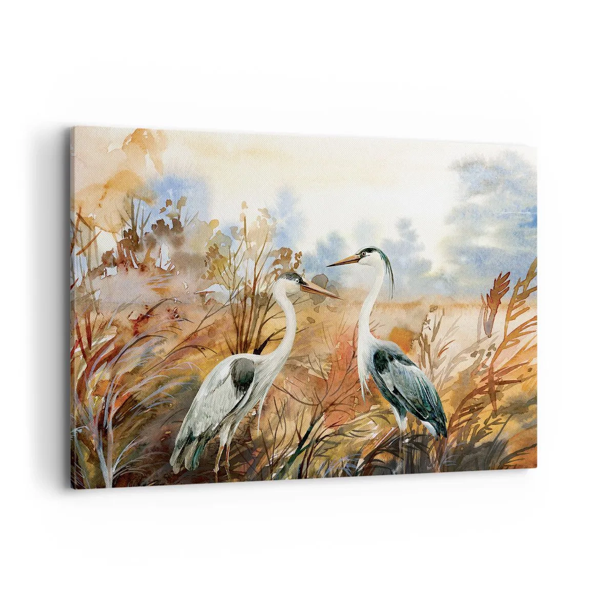 Impression sur toile - Image sur toile - Deux hérons sur fond de paysage d'automne - 120x80cm - Jusqu'où en automne ? - Décoration murale moderne pour le salon et la chambre ARTTOR
