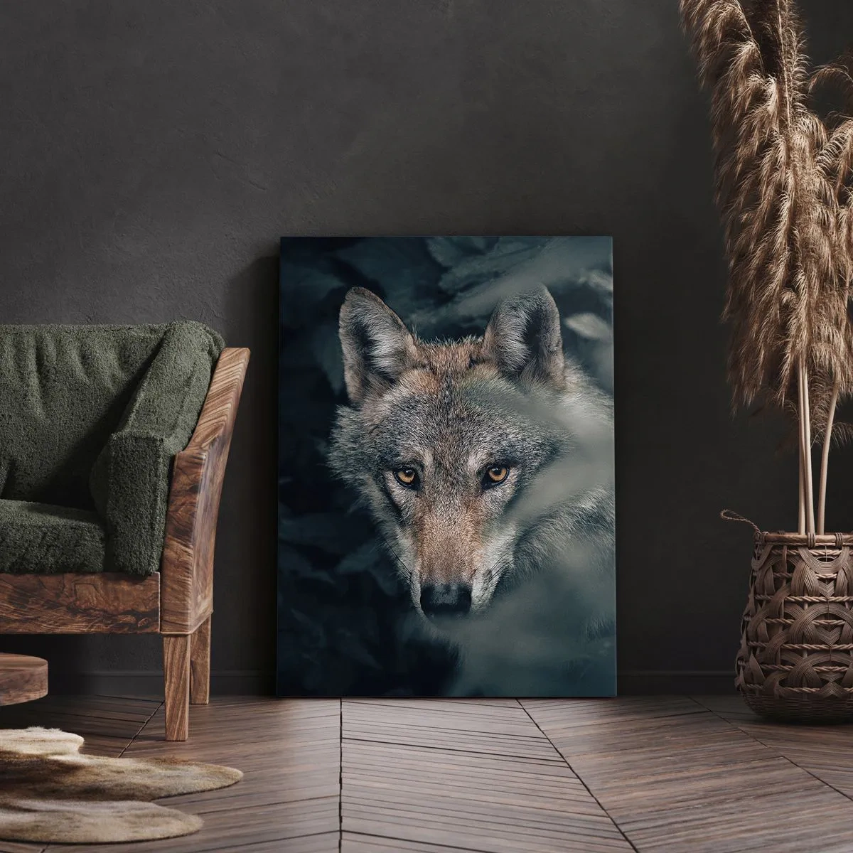 Impression sur toile - Image sur toile - Un loup dans son environnement naturel, regardant depuis les profondeurs de la forêt. - 50x70cm - Chasseur - Décoration murale moderne pour le salon et la chambre ARTTOR
