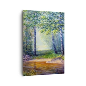 Impression sur toile - Image sur toile - Un ruisseau forestier entouré de bouleaux et de soleil - 50x70cm - Paysage idyllique - Décoration murale moderne pour le salon et la chambre ARTTOR