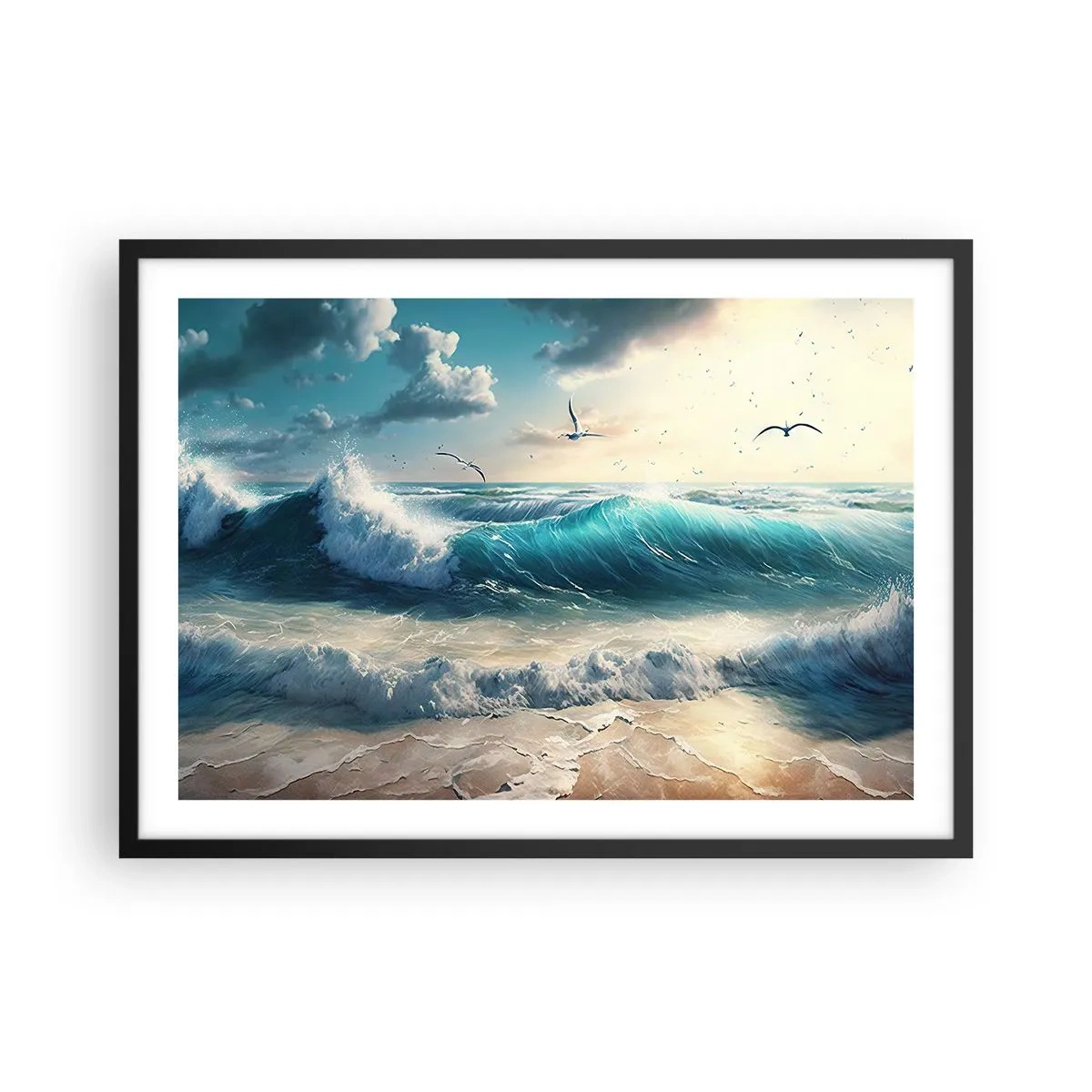 Affiche dans un cadre noir - Poster - Vagues de la mer sur la plage sous un ciel bleu avec des mouettes - 70x50cm - Ça bourdonne seulement pour toi - Décoration murale moderne pour le salon et la chambre ARTTOR