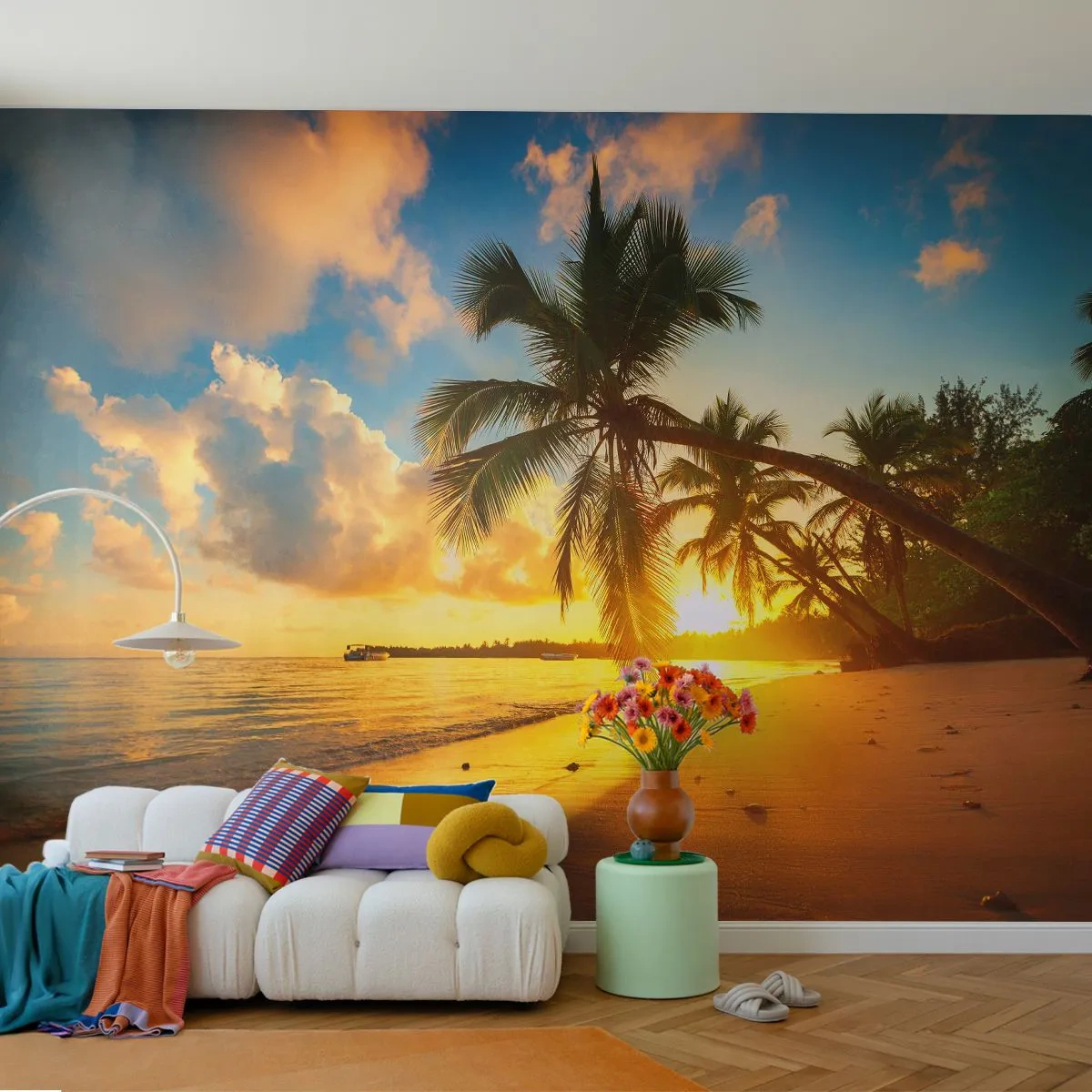 Papier Peint Photo Premium Sand - Plage tropicale avec palmiers au coucher du soleil - 100x70cm - Rêve caribéen - Décoration murale moderne pour le salon et la chambre ARTTOR
