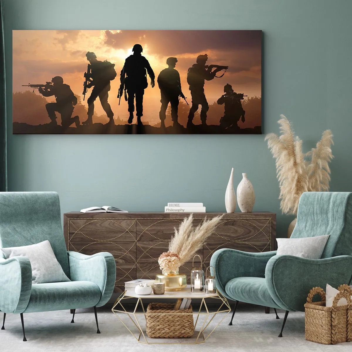 Impression sur toile - Image sur toile - Soldats sur fond de soleil couchant dans un décor dynamique - 160x50cm - Brothers in arms - Décoration murale moderne pour le salon et la chambre ARTTOR
