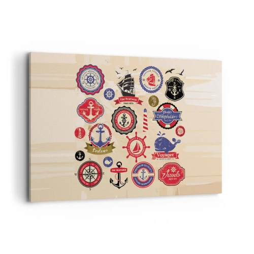 Impression sur toile - Image sur toile - Une collection de graphiques et de symboles nautiques sur fond clair - 120x80cm - La fraternité de la voile - Décoration murale moderne pour le salon et la chambre ARTTOR