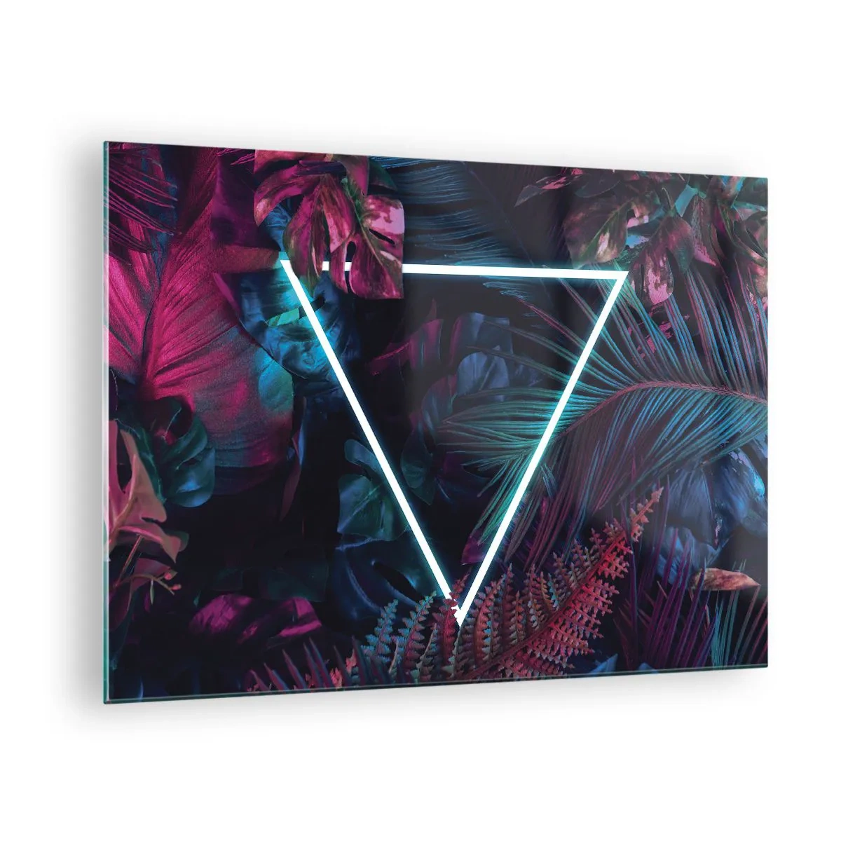 Impression sur verre - Image sur verre - Un triangle néon entouré de plantes tropicales dans des tons de rose et de bleu. - 70x50cm - Jardin de style disco - Décoration murale moderne pour le salon et la chambre ARTTOR