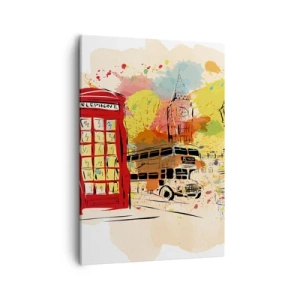 Impression sur toile - Image sur toile - Thème londonien avec bus rouge et stand - 50x70cm - La ville de la variété - Décoration murale moderne pour le salon et la chambre ARTTOR