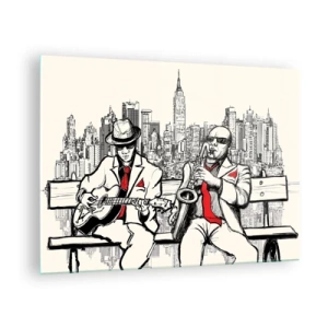 Impression sur verre - Image sur verre - Deux musiciens de jazz jouant avec en toile de fond la silhouette de la ville - 70x50cm - improvisation new-yorkaise - Décoration murale moderne pour le salon et la chambre ARTTOR