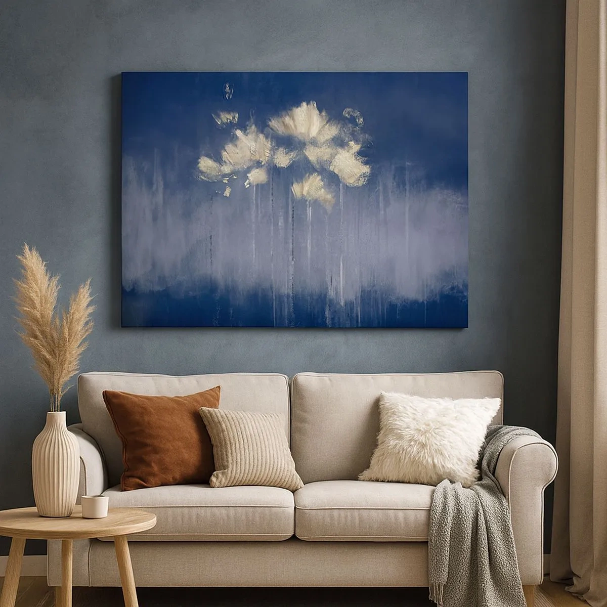 Impression sur toile - Image sur toile - Fleurs délicates sur fond bleu - 70x50cm - Comme des pétales au vent - Décoration murale moderne pour le salon et la chambre ARTTOR